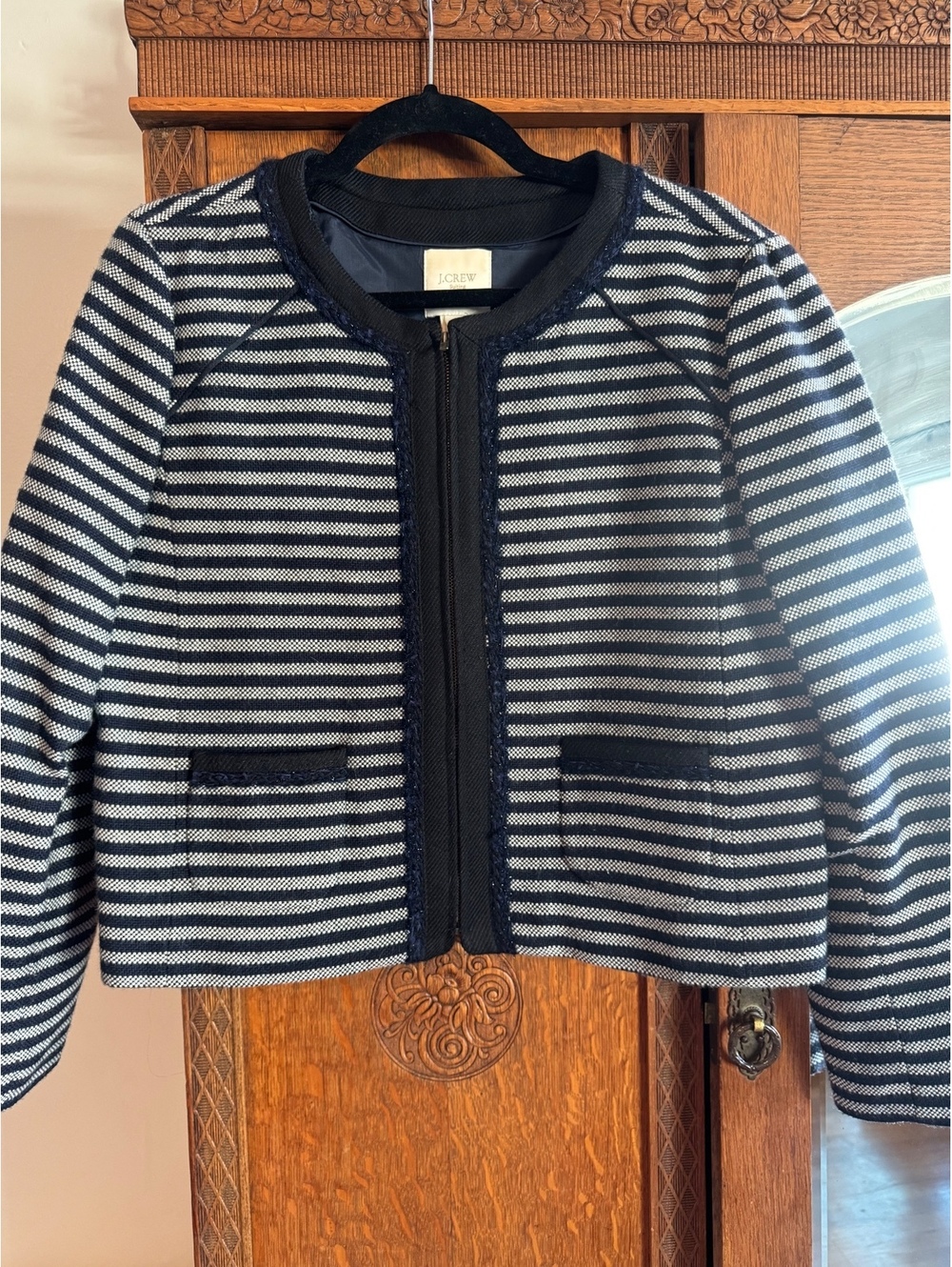 J.Crew Navy Blue White Striped Zip Front Twee Suiting Blazer Jacket Size 12